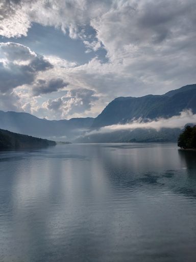 A vertical shot of Bohinj Lake in summer. Triglav National Park, Slovenia.