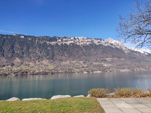 The breathtaking view of Lake Brienz. Turquoise calm water, majestic alps in Switzerland.