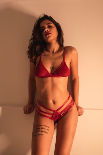 A sexy Caucasian brunette girl with tattoos, wearing a red lingerie posing behind the wall