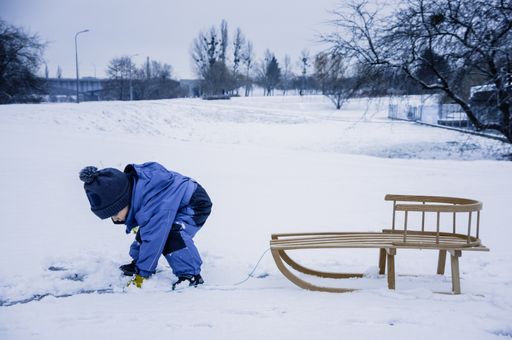 A little cute boy in winterwear playing with snow next to a wooden sled at a park on a cold winter day