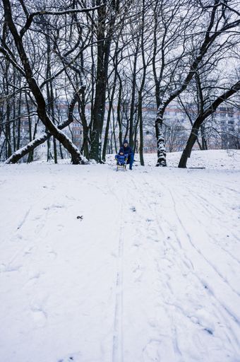 A cute boy on a wooden sled ready to slide down the snowy hill at a park on a cold winter day