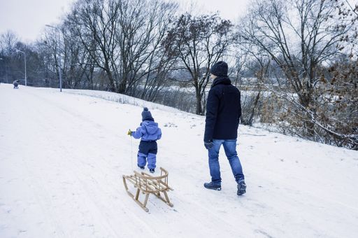 A back view of a father with his child pulling a sled and walking up a snowy hill at a park