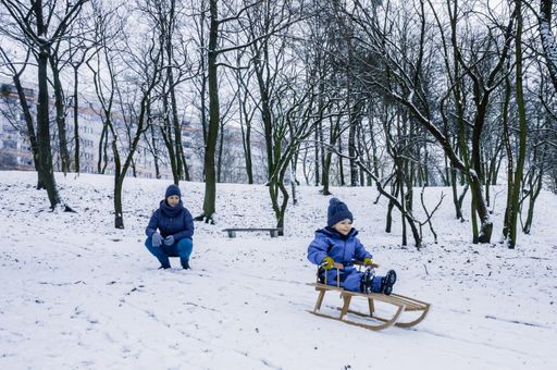 A cute happy boy on a wooden sled sliding down the snowy hill at a park on a cold winter day