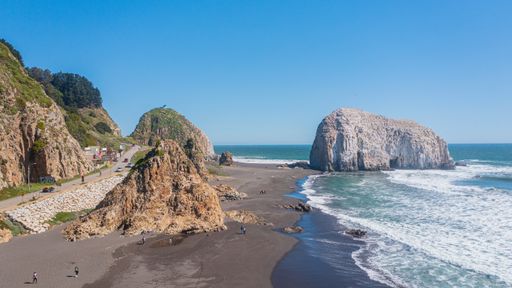 constitucion and piedra iglesia view, chile, Aerial photo with horizontal drone of the sea shoreline beach and stones in the sea
