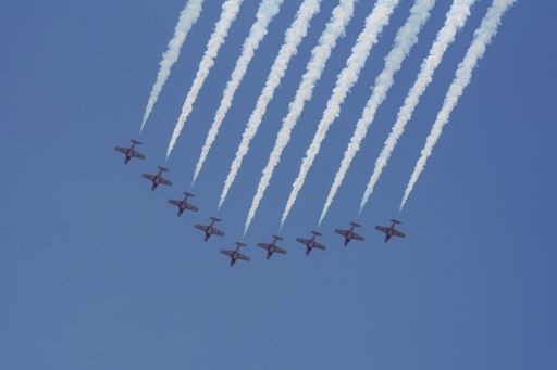 A closeup shot of a group of military aircraft flying down at the 2021 Toronto Airshow, Canada