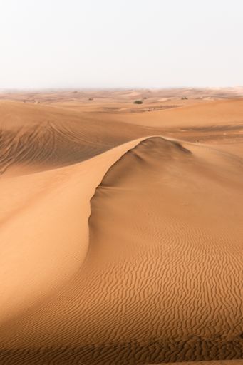 A scenic view of a sand dune in the Dubai desert against a hazy horizon