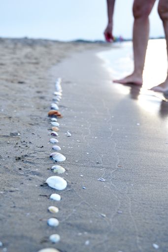 A vertical shot of big and small stone row laid out on the sandy coast of the sea