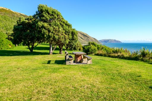 A scenic view of Ames Street Reserve with picnic table, and grassy area in Paekakariki, New Zealand