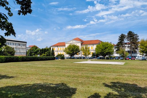 Park and helipad in front of general hospiral in Brezice, Slovenia.