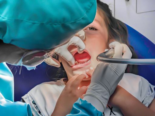 Close-up of Caucasian girl with open mouth and dentist reaching in to check teeth. Selective focus. Dental health concept