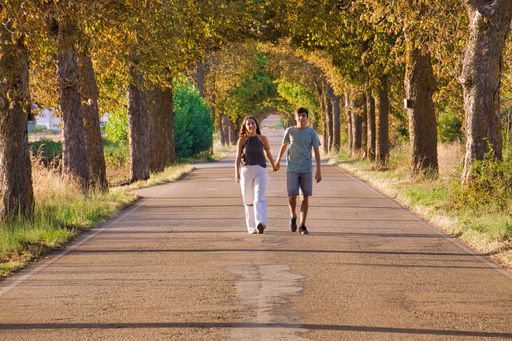 A Hispanic couple walking in a park on a sunny day
