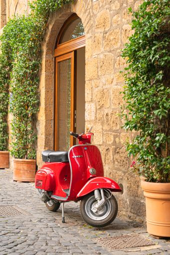 A vertical shot of a red vespa scooter standing in front of a stone wall and tall plants in pots
