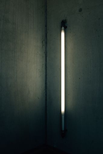 A vertical shot of a wall with a fluorescent tube lamp turns on