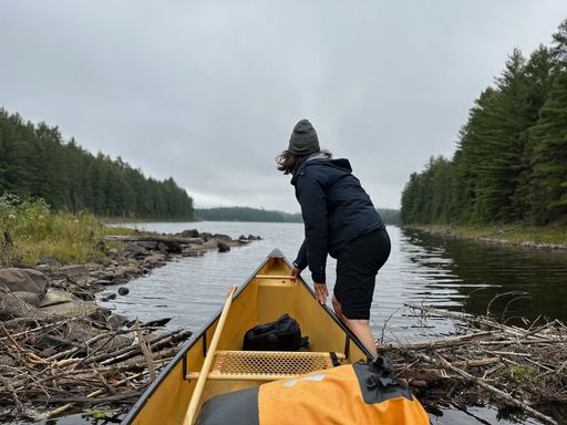 A person in a canoe on a serene lake surrounded by lush green forests under a cloudy sky, capturing the essence of outdoor adventure.