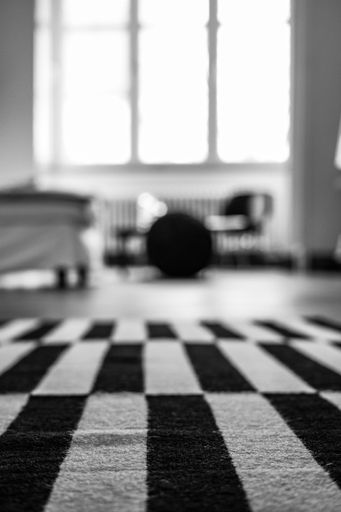 A vertical image of a room with black and white carpet and a bright window in the background