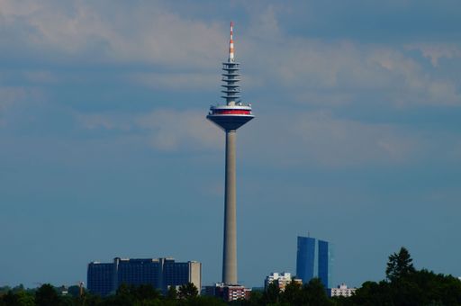 Part of the Frankfurt skyline with the German Bundesbank, the TV tower and the European Central Bank. Telephoto from far away.