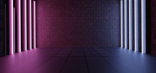 A modern Futuristic Sci-Fi Concept Club Background Grunge Concrete Empty Dark Room With Neon Glowing Purple And Blue Pink Neon Lights 3D Rendering