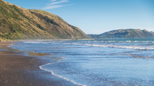Scenic view of a serene beach with gentle waves and lush green hills under a clear blue sky.
