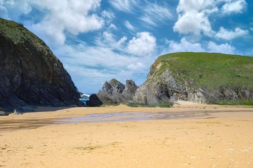 Belle-Ile in Brittany, a beach on the Cote Sauvage, with cliffs and rocks