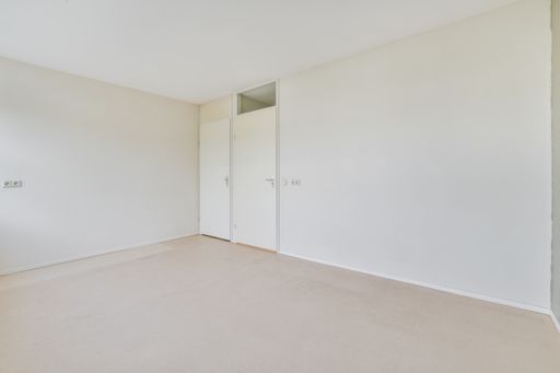A beautiful renovated empty room interior with white walls and wooden floors