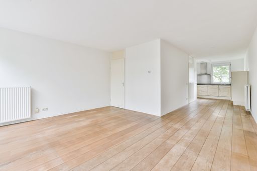 A beautiful renovated empty room interior with white walls and wooden floors
