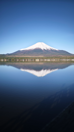 Snow-capped Mount Fuji mirrored in a glassy lake, symmetrical perfection blending blue, brown, and green.