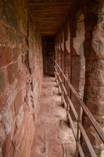 A vertical shot of the narrow corridor of an old building.