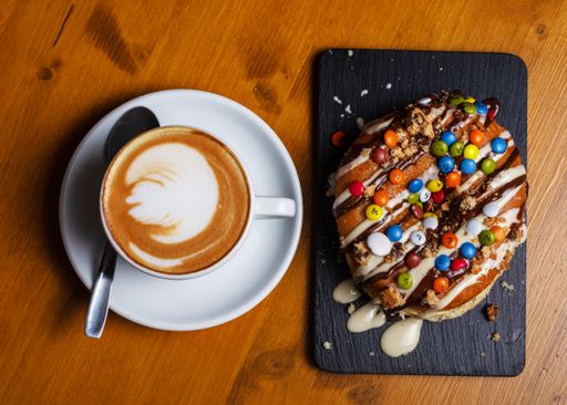 A top view of a cup of a cappuccino with a delicious donut