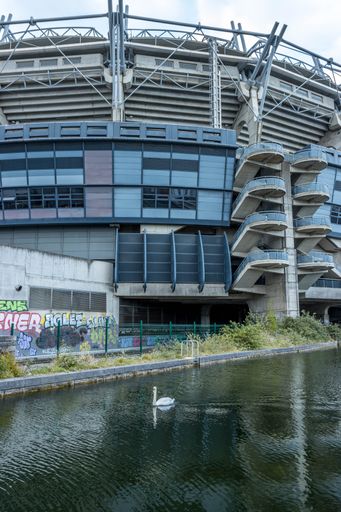 A vertical shot of the famous Croke Park stadium in Dublin and buildings around the stadium, Ireland