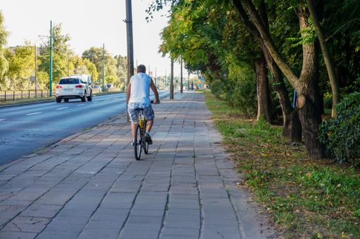 A rear view of a male riding with his bicycle on a sidewalk