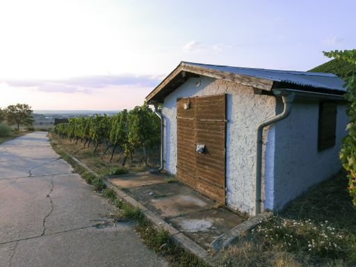 The small countryside barn with closed doors and windows under the cloudy sky