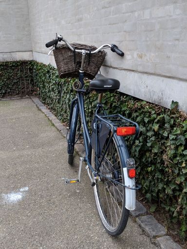 A vertical shot of a black bicycle with brown basket parked near a wall with plants