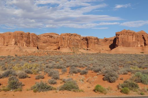 A scenic view of rugged red rock landscape in Arches National Park near Moab, Utah