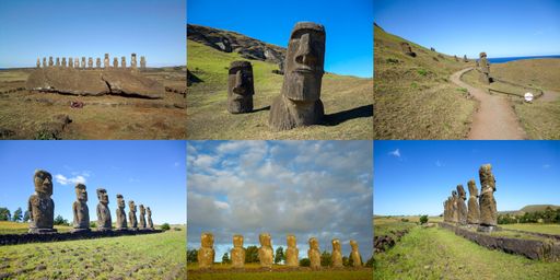 A collage of the Moai statues on the Easter Island in Hanga Roa, Chile