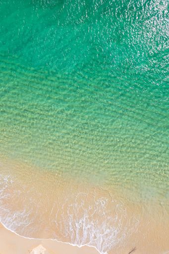 Clear turquoise water meets golden sand in a perfect top-down summer scene.