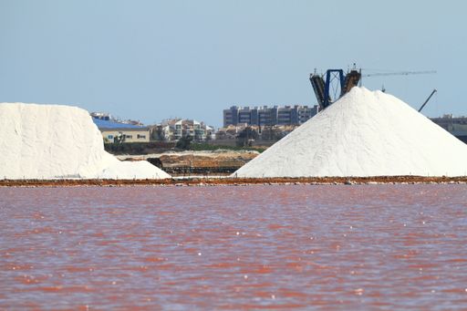 A scenic view of Laguna Rosa, a pink lake in Torrevieja, Spain