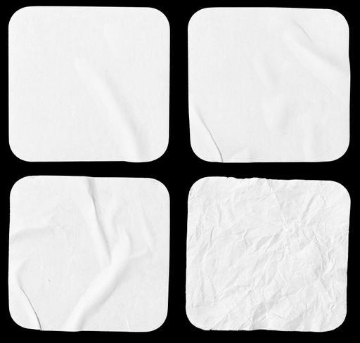 Set of blank white square shape cards. Crumpled paper pieces isolated on black background. Template mockup.