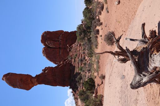 A vertical shot of Balanced Rock among rugged red rock landscape in Arches National Park near Moab