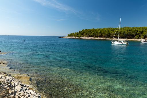 A beautiful shot of a bay and white boats on a sunny day.