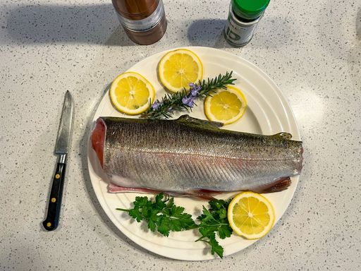 A fresh whole fish on a plate with lemon slices and herbs, ready for cooking, on a kitchen countertop.