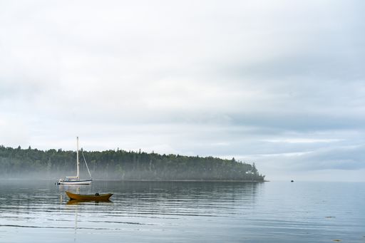 The boats at Northwest Harbor in Deer Isle, Maine, USA on a foggy day