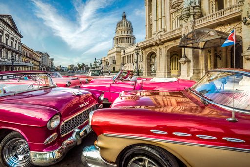 The red vintage cars of Central Park in Havana, Cuba