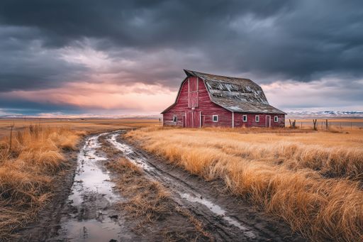 A rustic red barn in a vast field under dramatic cloudy skies with a muddy path leading to it, capturing rural charm and tranquility.