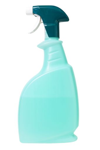 Green plastic spray bottle with cleaning liquid isolated on white background