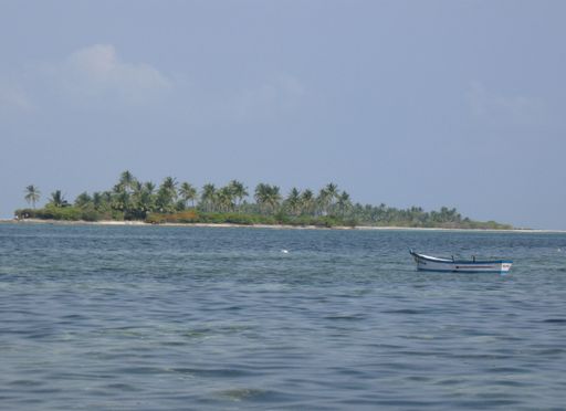 A Scenic view of a Island with coconut trees grown with an empty or abandoned unmanned boat in middle of the sea, in Indi