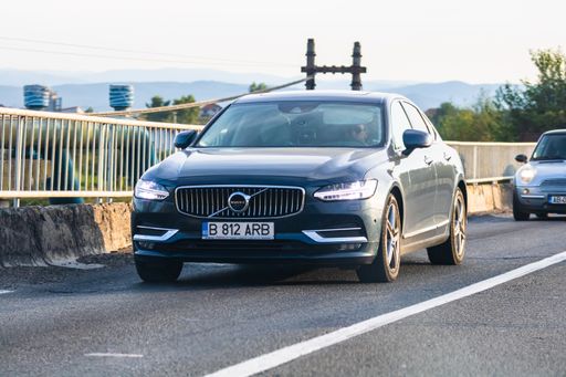 A front view of a car driving on asphalt road. Bucharest, Romania, 2020