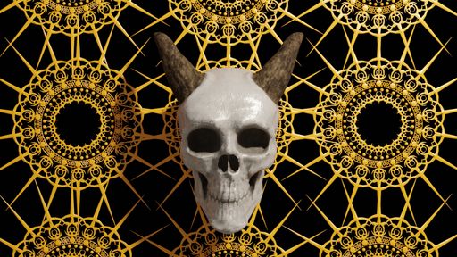 A closeup shot of a white human skull sculpture with horns against a black and gold damask