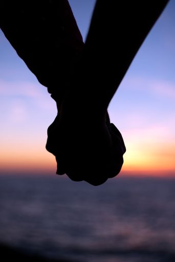 A beautiful vertical silhouette shot of a couple holding hands on the background of sunset