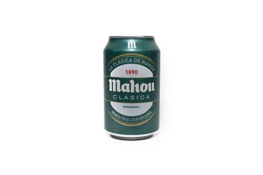 A beer can of brand Mahou isolated on a white background
