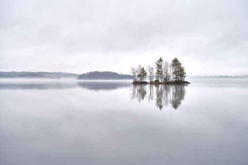 Serene misty lake landscape with small island of trees reflecting in calm water, creating a tranquil and peaceful atmosphere.